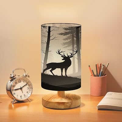 Bedside Table Lamp Deer antlers posing forest silhouettes trees Magical misty landscape Dimmable Desk Lamp with Flaxen Fabric Shade Wood Base Nightstand Small Lamp for Bedroom Living Room Home
