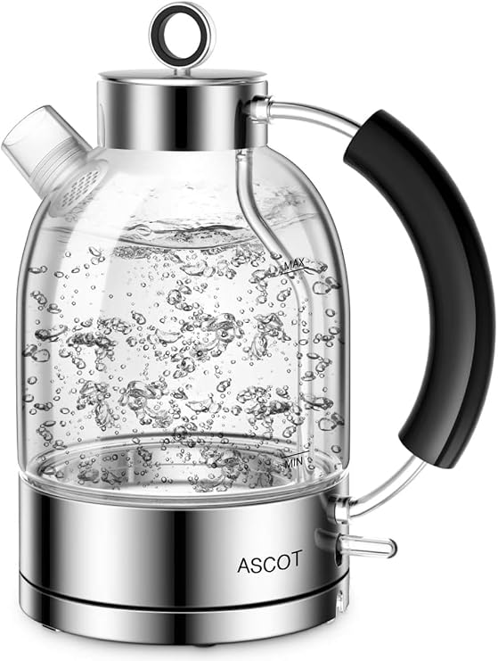 ASCOT Electric Kettle, Glass Electric Tea Kettle, Gift for Man/Women/Family, 1.5L Borosilicate Glass Tea Heater & Hot Water Boiler, Auto Shut-Off Boil-Dry Protection (Silver)