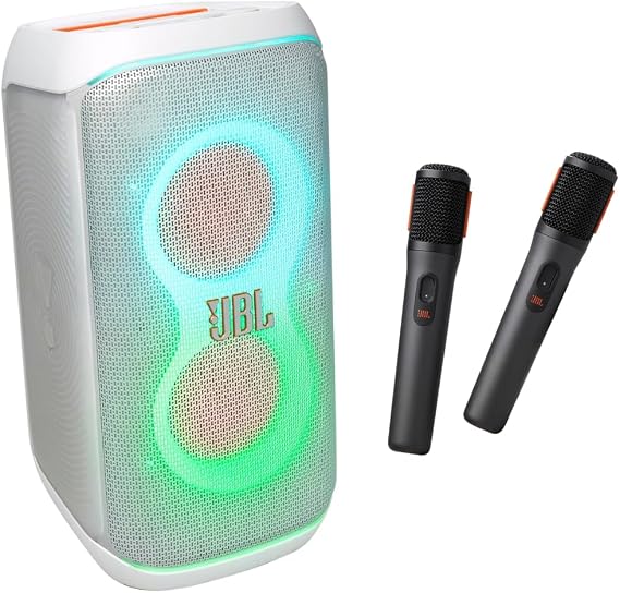 JBL PartyBox Club 120 - Portable Party Speaker with Foldable Handle, Powerful Pro Sound, 12 Hours of Play time (White) + JBL PartyBox Digital Wireless Microphones, Pair (Black) Bundle