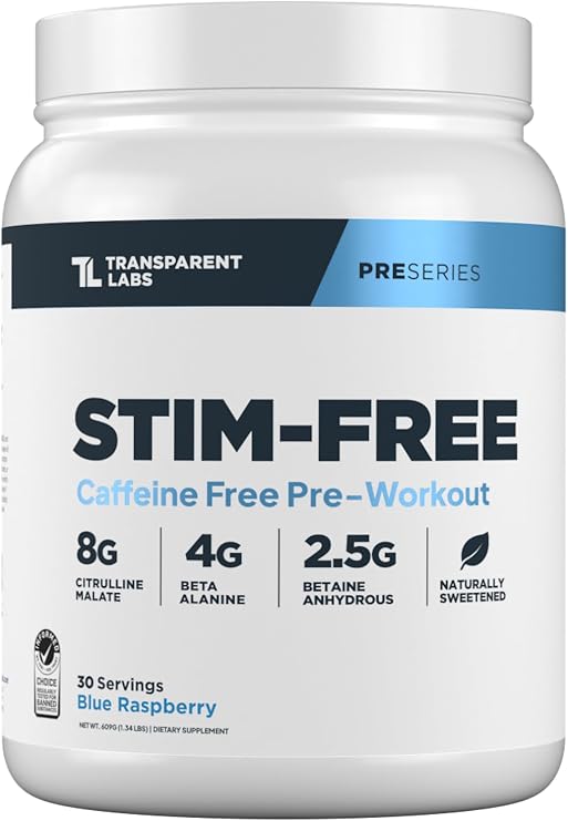 Transparent Labs Stim-Free Pre-Workout - Caffeine & Stim Free Pre Workout Powder for Men and Women with Beta Alanine Powder, Citrulline Malate, elevATP - 30 Servings, Blue Raspberry