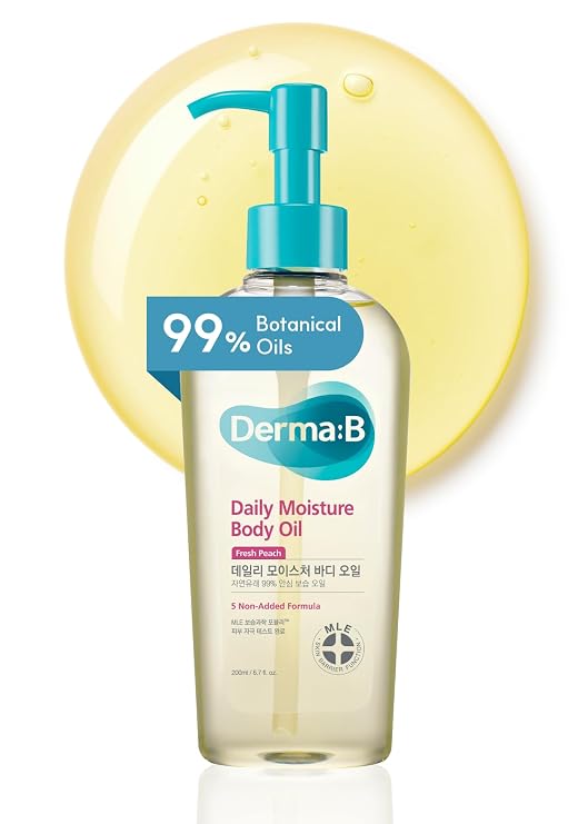 Derma B Daily Moisture Body Oil, 6.8 fl oz (200ml) | Body Oil for Dry Sensitive Skin | Argan & Sweet Almond Oil | Light Long-Lasting Hydration | Shower Oil for Dry Sensitive Skin