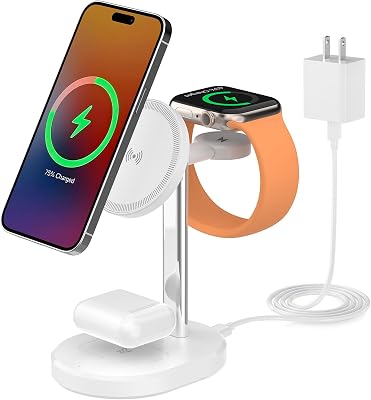 3 in 1 Wireless Charging Station,Detachable Apple Watch Charger & 15W Charger Stand for MagSafe for iPhone, Wireless Charger for Multiple Devices iPhone 16151413&Watch&AirPods（White）