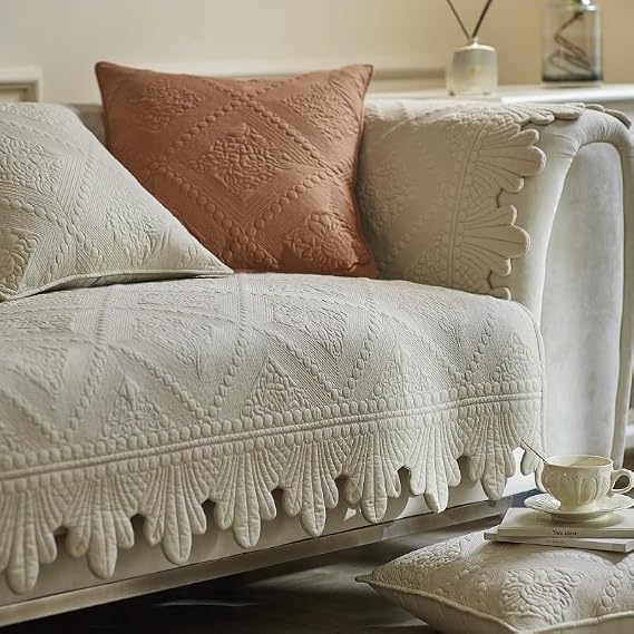 Thick Funny Fuzzy Sofa Covers 1 2 3 Seater, Non-Slip Sofa Slipcovers Corner L Shape Sofa Cover, Cotton Quilted Universal Sofa Cushion Covers for Living Room Furniture Protector(Beige,70x70cm)