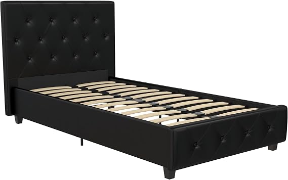 DHP Dakota Upholstered Platform Bed with Diamond Button Tufted Headboard and Footboard, No Box Spring Needed, Twin, Black Faux Leather