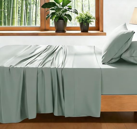 100% Viscose Derived from Bamboo_ Sheet Set - 4pcs, Extra Deep Pocket up to 18"-24", Cooling Sheets for Hot Sleepers, Breathable & Naturally Soft Bed Sheets(King,Sea Glass)