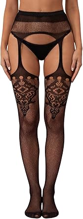 Verdusa Womens Fishnet Stockings Tights High Waist Cut Out Lace Fishnets Suspender Pantyhose