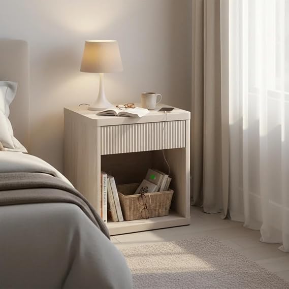 Modern Nightstand, End Table with Fluted Drawer