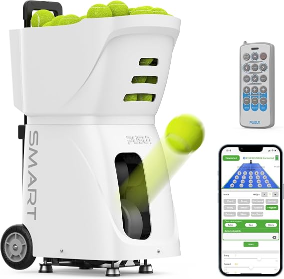 PT-SAMRT-Professional Tennis Ball Machine with App Control - 100+ Ball Capacity - 12 Training Modes - 4-6 Hours Battery Life (White)