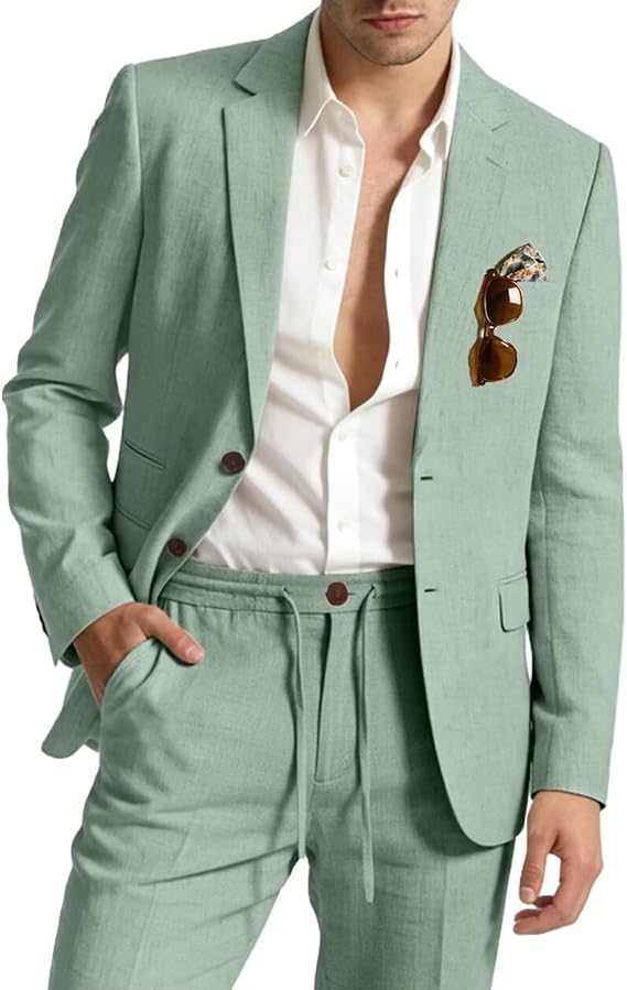 Men Linen Suit 2 Piece Slim Fit Casual Suits Jacket Drawstring Pant Set | Retro Beige Linen Suit for Men 2 Piece Regular Fit Linen Sets Tan Blazer Jacket Drawstring Pant Vacation Wedding Beach Outfit