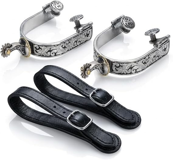 Western Cowboy Spurs, Paired with 6 Holes Spurs Belt, Stainless Steel Western Horse Spurs with Rotatable Gear, Leather Spur Straps Retro Fine Workmanship Men Women Horse Boot Spurs for Equestrian