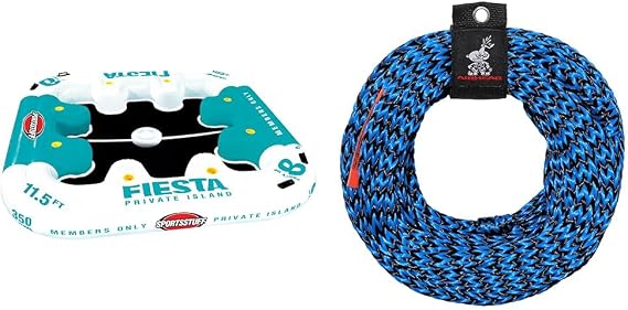 SPORTSSTUFF Fiesta Island Inflatable 8-Person Raft Bundle with 60-Foot Airhead Tow Rope for 1-3 Rider Tubes