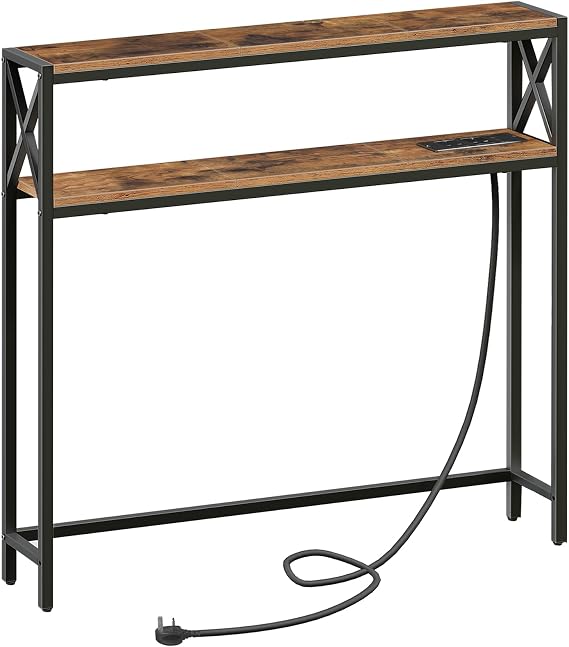 MAHANCRIS Narrow Sofa Table with Charging Station, 100 cm Behind Couch Table, Skinny Console Table with Outlet for Living Room, Rustic Brown and Black ACTHR115KE01N1