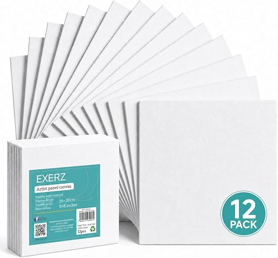Exerz 20x20cm Canvas Panels 12 Pack Cotton 280GSM Board 3mm | Triple Primed Medium Grain Surface For Acrylic Oil Painting Crafts Artwork And Home Decoration