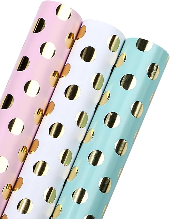 WRAPAHOLIC Birthday Wrapping Paper Roll - Mini Roll - 3 Rolls - 17 inch x 120 inch Per roll - Gold Foil Pink White Mint Polka Dots Design for Party, Holiday, Baby Shower