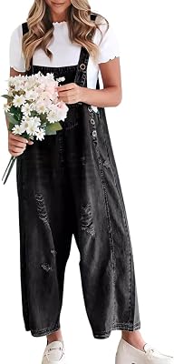 chouyatou Women Loose Adjustable Strap Denim Bib Overall Jeans Distressed Wide Leg Baggy Overalls Jumpsuit