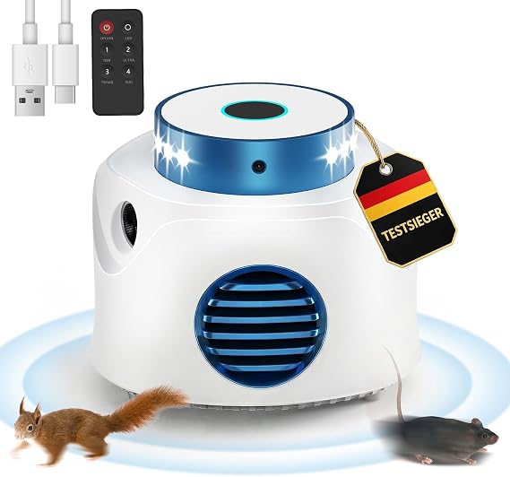 MEKEET 360° Ultrasonic Mouse Repellent with 4 Modes & 9 LED Strobe Light Mouse Repeller Against Rats Mice Spiders Ant 310 m² Range Professional Rat Repellent for Indoor & Garage