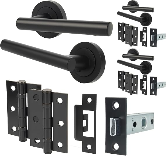 Modern Door Handle Set with Hinges, Matte Black T-Bar Lever Handles, Complete Installation Hardware Kit