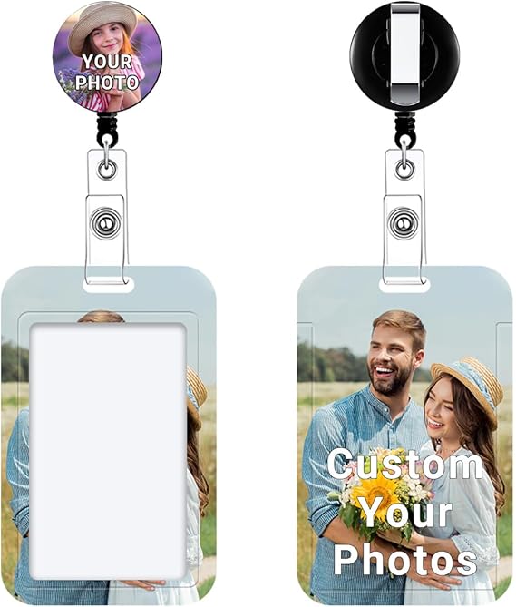 Custom Badge Card Holder Personalized Photo Logo Text ID Card Holder Case with Retractable Reel and Belt/Swivel Alligator Clip for Doctor, Nurse, Teacher, Student, Worker (Vertical)