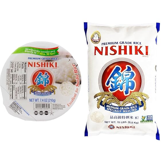Nishiki Rice Bundle: Steamed White Rice 7.4-Ounce (Pack of 6) and Premium Medium Grain Rice 15 Pound