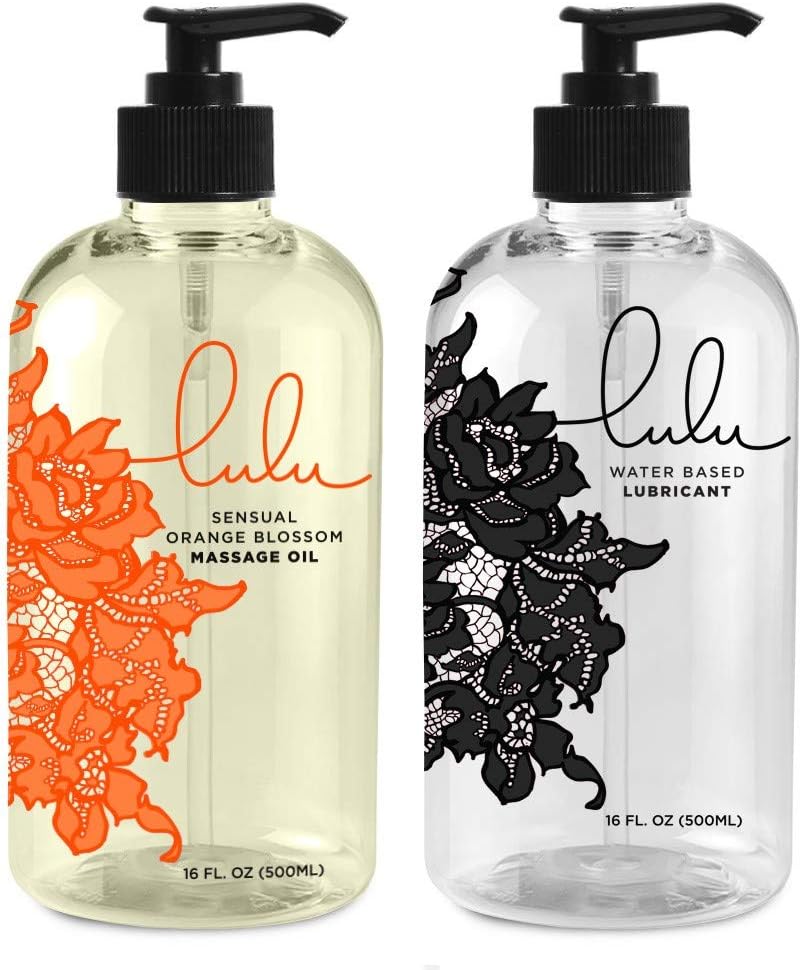 Lulu Orange Blossom Massage Oil with Jojoba and Essential Oils 16oz & Personal Lubricant. Lulu Lube Natural Water-Based 16 oz