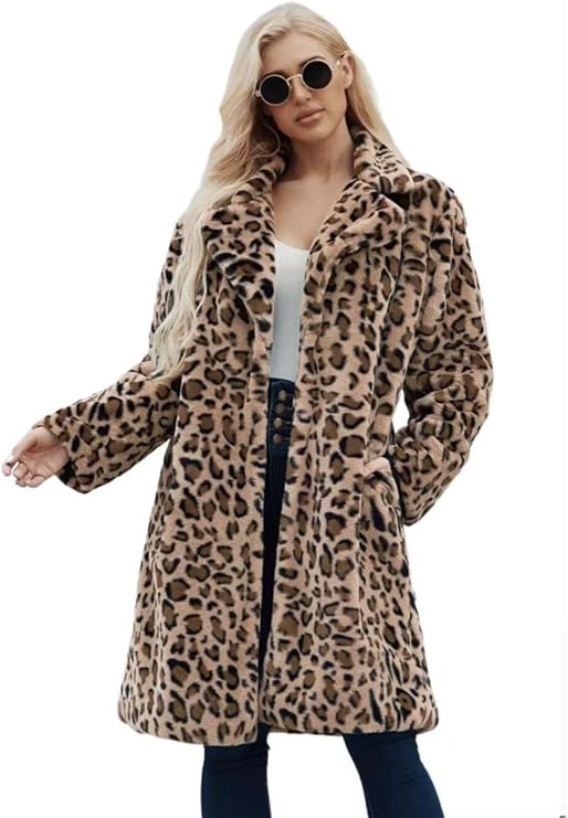Long Leopard Suit Collar Faux Fur Coat, Leopard Print, XL