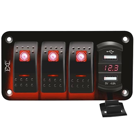 FXC 12V 24V DC 3 Gang Rocker Switch Aluminum Panel with Voltmeter & Dual USB(4.8 A) Fast Charging, Red Backlit Led, Pre-Wired Waterproof for Marine, Boat, Car, Truck, Polaris, Jeep (Red)