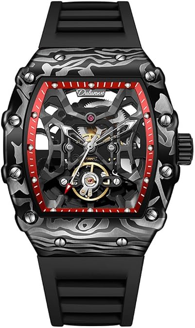 Innovative Black Hollow Skeleton Men's Automatic Mechanical Watch Carbon Fiber Alloy Case Tourbillon Wristwatch Luminous Silicone Strap Waterproof Business Watches