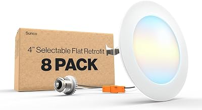 Sunco 8 Pack 4 Inch LED Flat Recessed Light, Retrofit Ceiling Can Lighting, 800 LM, Selectable CCT 2700K3000K4000K5000K, Dimmable, 10W=60W, 50,000 Lifetime Hours UL
