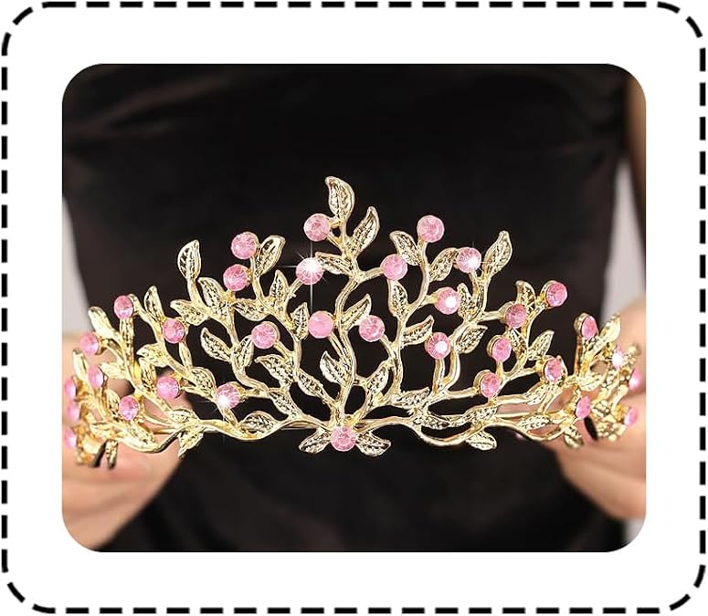 Gold Crystal Tiaras and Crowns for Women Leaf Design with Rhinestone Bridal Queen Crown Princess Headpiece Hair Accessories for Birthday Wedding Pageant Party Prom (01Gold-pink)
