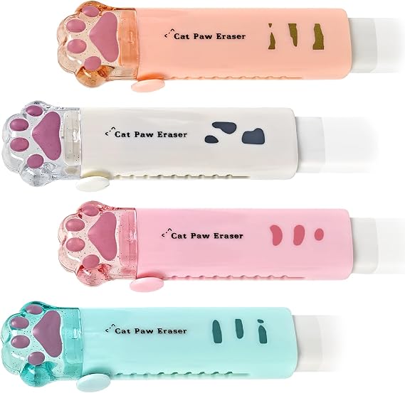 4 Kawaii Retractable Erasers, Cute Cat Paws, 2B Erasers for Schools and Offices, Scented