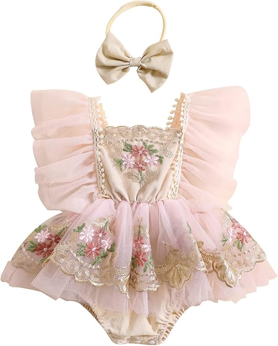 Baby Girl Boho 1st Birthday Romper Lace Floral Photoshoot Cake Smash Outfit