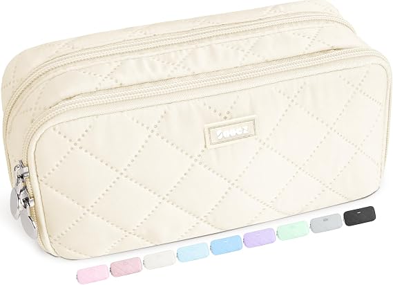 Sooez Large Pencil Case Pouch, Extra Big Pencil Bag with 8 Compartments, Pen Bag Wide Opening, Soft Quilted Pencil Pouch Organizer with Zipper, Portable Pencil Case for Teen Girls, Beige
