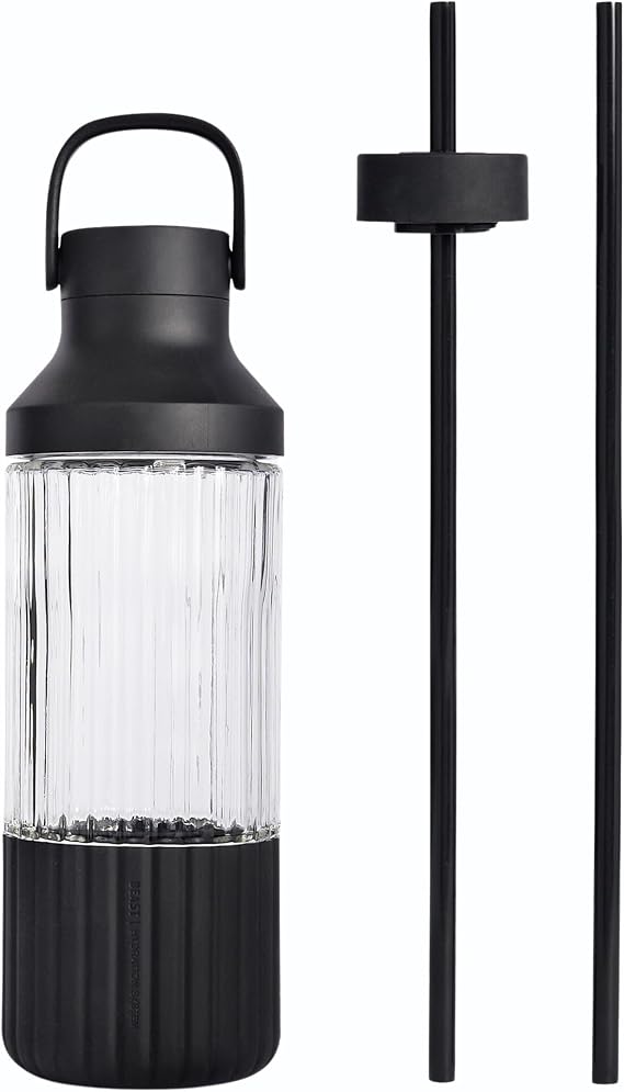 BEAST Health Glass Water Bottle, Straw & Carry Lid, Carbon Black, 25oz