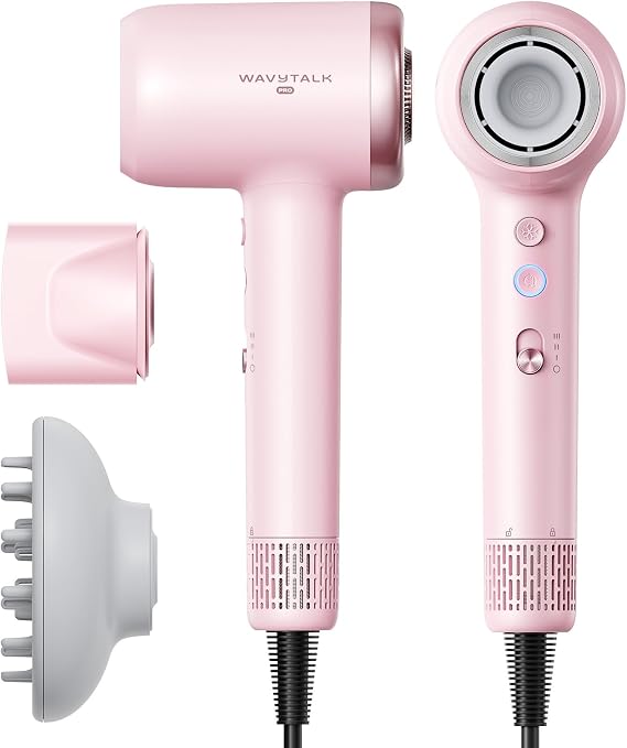 Wavytalk Hair Dryer with Diffuser 110k RPM Fast, Ionic, Heat Control, Light | Turblow Pro Fast Drying, Ionic Anti-Frizz, Light & Quiet, 23m/s, 4 Heat/3 Speed, 1500W, for All Hair Types, Pink