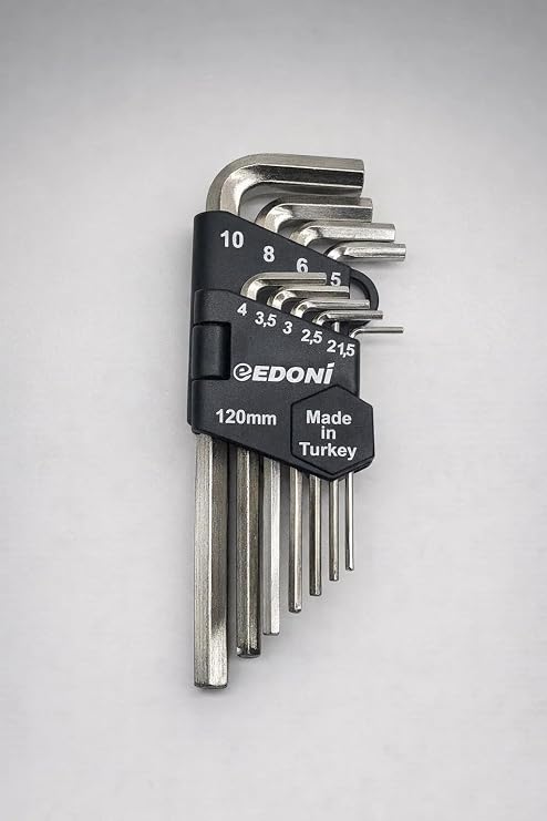 Edoni 10 Parça L Alyan Anahtar Takımı, Hex, Metrik 1.5–10 mm Boyutlu, Dayanıklı, Taşıma Aparatlı, Profesyonel Kalite, Hobi ve Endüstriyel Kullanım İçin Mini Set (Nikel, 120 mm)