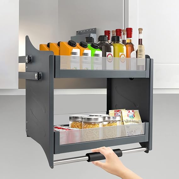 LOYALHEARTDY Pull Down Shelf, 22 Inch Convenient Upper Kitchen Wall Cabinet Storage Organizer with Visual Guardrail 2-Tier Mounted Wall Cabinet Pull-Down Shelving System for Kitchen
