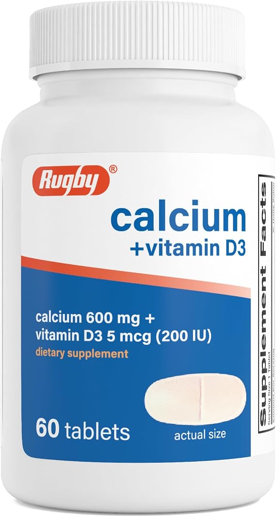 Rugby Calcium 600 mg + Vitamin D3 200IU (5 mcg) Tablets, 60 Count