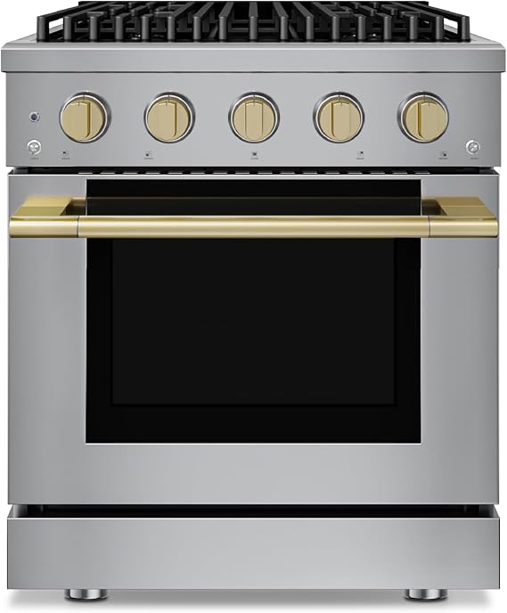Hauslane 30" Gas Range Stainless Steel, 4 Burners up to 20,000 BTU 4.2 cu. ft., Convection Oven with 5 Rack Positions, Convertible NG/LP Cool-Touch Triple-Layer Door Stain Brass