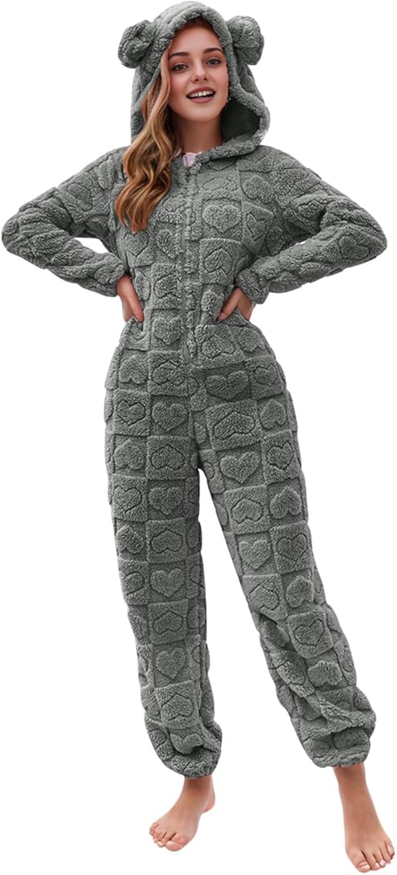 Mzkdieey Fleece Onesie Pajamas for Women One Piece Fuzzy Warm Sherpa Hooded Romper Jumpsuit Zip Up Sleepwear with Bear Ear