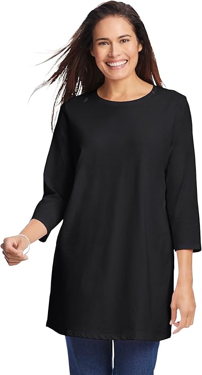 Woman Within Plus Size Perfect Three-Quarter Sleeve Crewneck Tunic