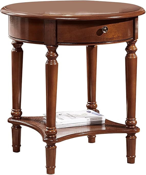 Round End Table with Drawer, Solid Wood Sofa Side Table with Storage Shelf, Traditional Living Room Corner Table, Nightstand, 24 X 24 X 26(Brown)