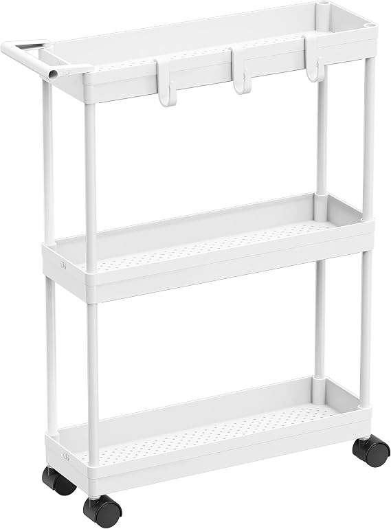 Simple Houseware 3-Tier Slim Rolling Cart w/Handle 5.5" Wx27.5 H, White