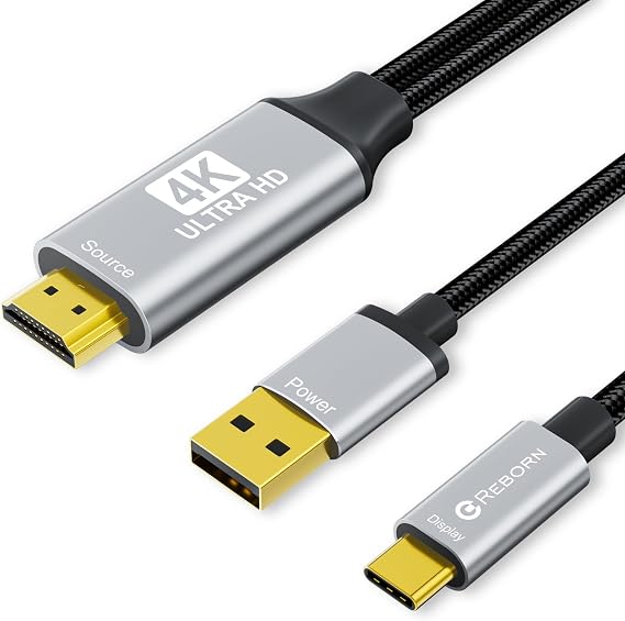Reborn HDMI to USB C Cable Adapter [6FT 4K@60Hz], Uni-Directional HDMI (Source) to USB-C (Monitor) with USB Power for AR Glasses XREAL OneAir 2 Pro/VITURE Pro/RayNeo Air 2s,PS5,Portable Monitors