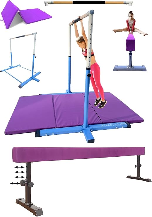 Expandable Gymnastics Kip Bar 3 in 1 Set with 8 FT Adjustable Balance Tube, 6'x4' Mat for Kids, Horizontal Bar Junior Gymnastic Training Adjustable 3-5 FT Gymnast Asymmetric Bar Blue