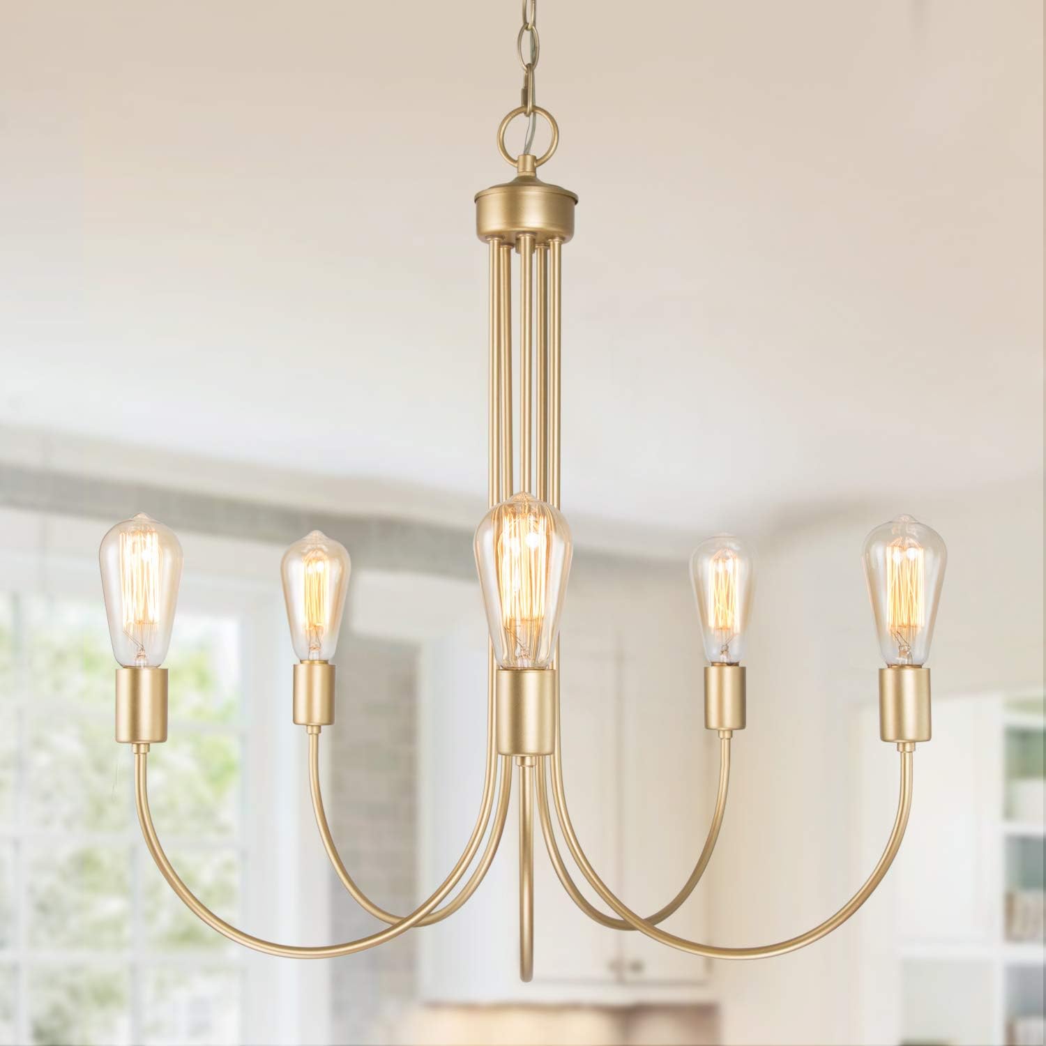 KSANA Modern Gold Chandelier, 6-Light Chandelier Light Fixture, 28 Large Hanging Pendant Light for Dining Room, Living Room & Kitchen Island, Soft Gold Finish