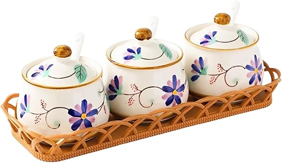 Ceramic Condiment Jars Set of 3 with Tray, 11oz Sugar Bowl Spice Jars