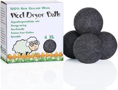 KINTOR Wool Dryer Balls Grey 4 Pack XL, 2.95 Dark 100% Organic Premium New Zealand Wool, Reusable Natural Fabric Softener Alternative, Reduce Wrinkles & Drying Time