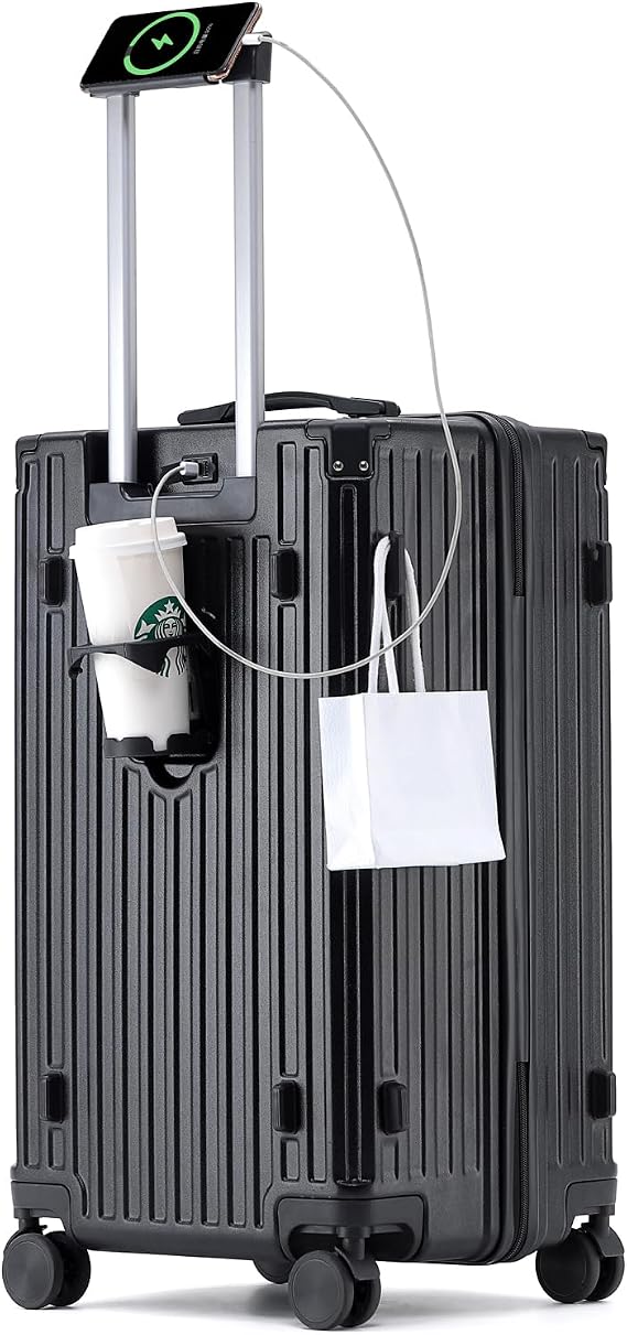 FREEFLY Hard Shell Suitcases Medium Cabin Suitcase Carry on Luggage Medium Suitcase 4 Wheels Lightweight Cabin Size Suitcase with Cup Holder USB Charging Port,Black,22in