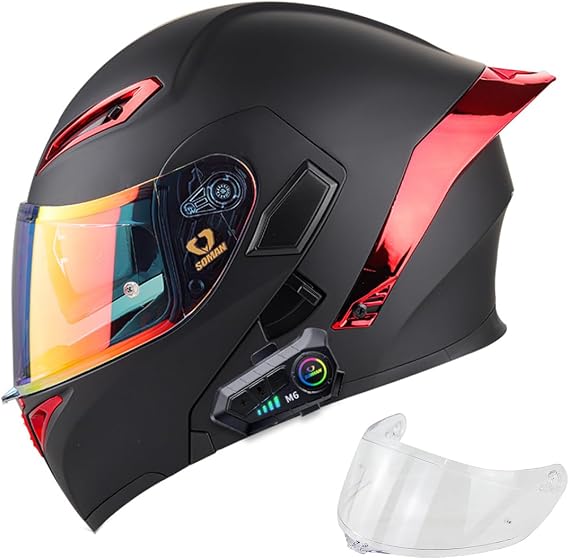 Bluetooth Sports Full Face Motorcycle Helmet Men Women Modular Front Flip up Fashion Helmet with Tail for Scooter Moped Cruiser, Double Visor, Comfortable Breathable, DOT Approved, S-XXL(21.6-25.4IN)