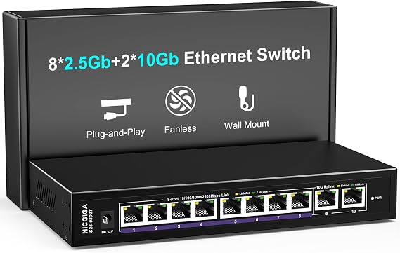 10Gbe Ethernet Switch Unmanaged with 2 x 10Gb RJ45 Ports + 8 x 2.5Gb Base-T Ports, Desktop/Wall Mount NICGIGA 10 Port 10Gbps Network Switch for Wireless AP, NAS, PC